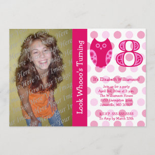 Pink Owl 8th Birthday Party Photo Invitations
