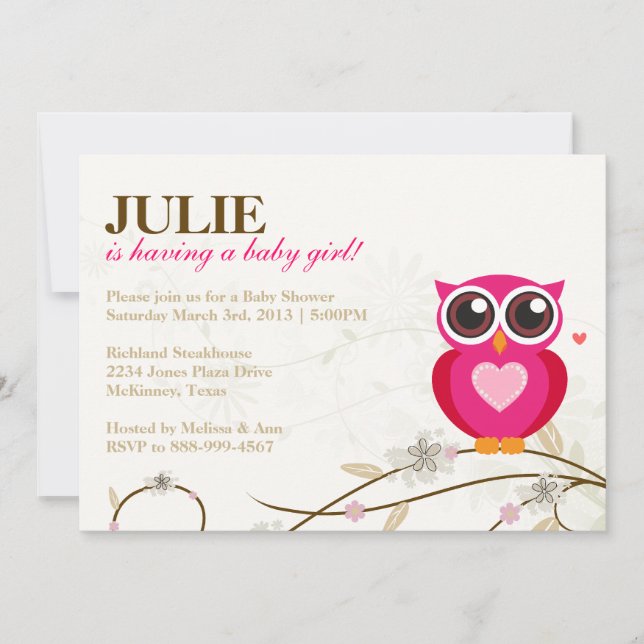 Pink Owl and Flourishes Girl Baby Shower Invite (Front)