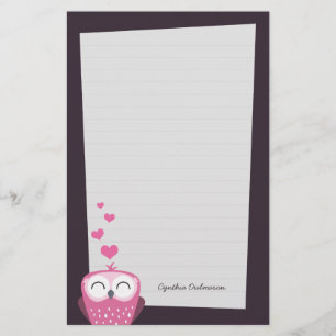Pink Owl and Love Hearts Note Paper (lined)