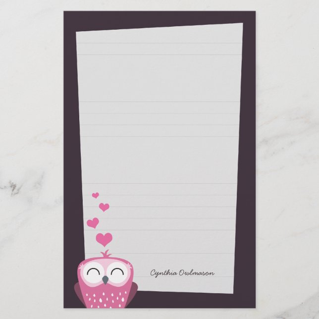 Pink Owl and Love Hearts Note Paper (lined) (Front)