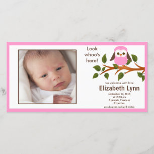 Pink Owl Baby Girl Birth Annoucement Announcement