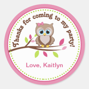 Pink Owl Birthday Party Favour Stickers
