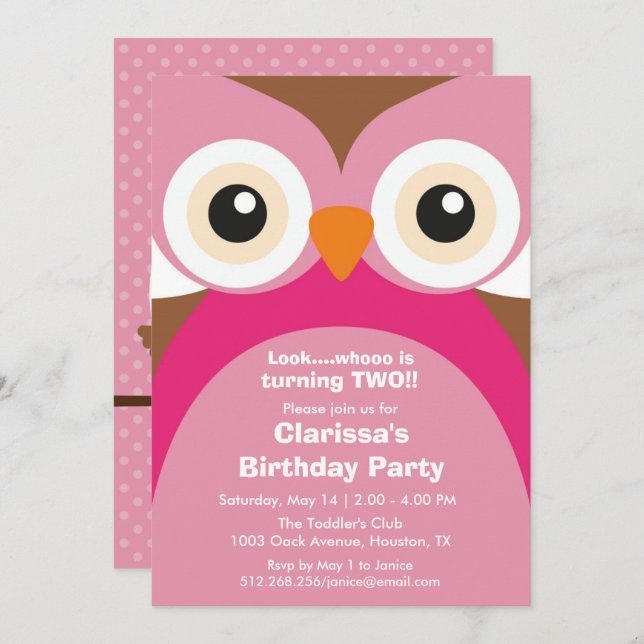 Pink Owl Birthday Party Invitation (Front/Back)