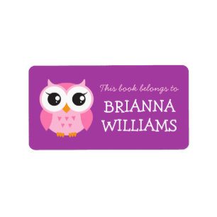 Pink owl bookplate book labels for kids