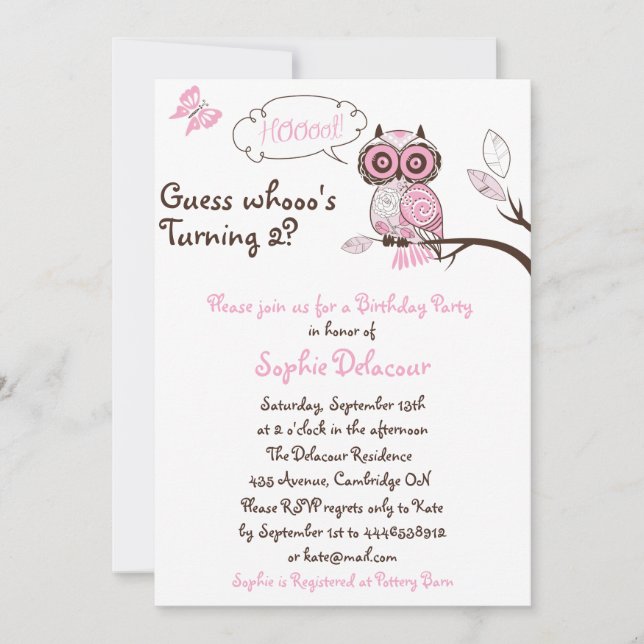 Pink Owl & Butterfly Floral Birthday Invitation (Front)