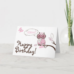 Pink Owl & Butterfly Floral Happy Birthday Card