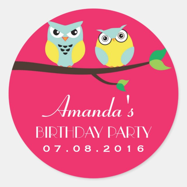 Pink Owl Cartoon Birthday Sticker for Kids Party (Front)