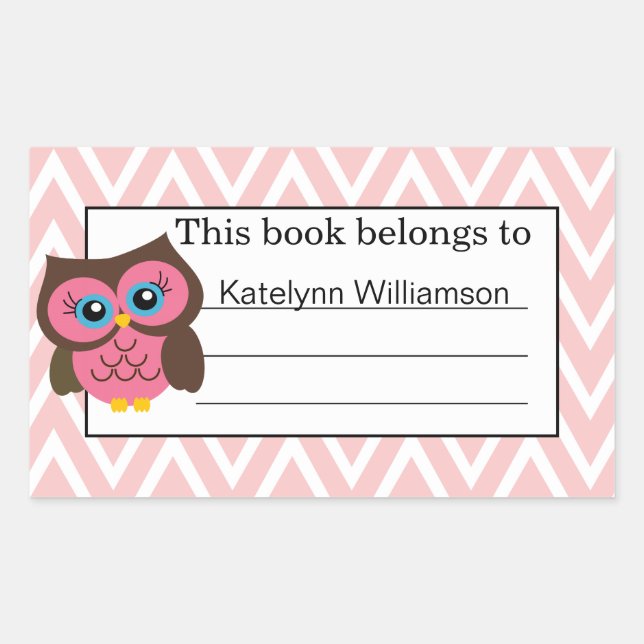 Pink Owl & Chevron Custom Personalised Bookplate Rectangular Sticker (Front)