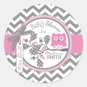 Pink Owl Chevron Print Baby Shower Classic Round Sticker