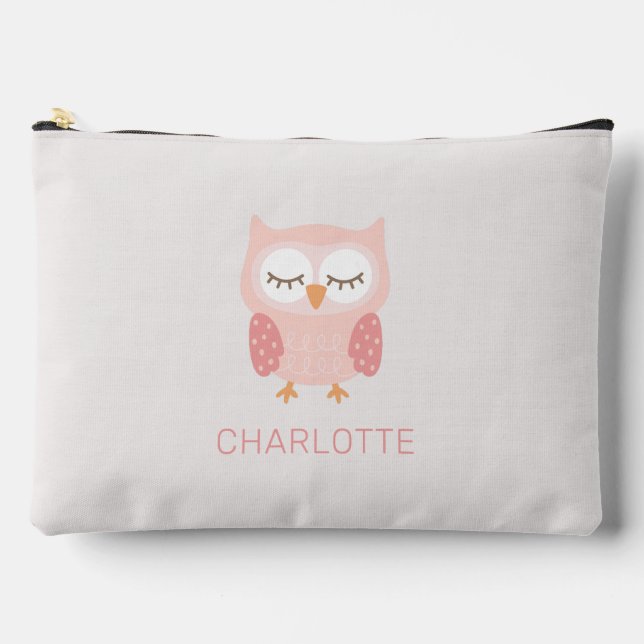 'Pink Owl', cute & whimsical customised girls Accessory Pouch (Front)