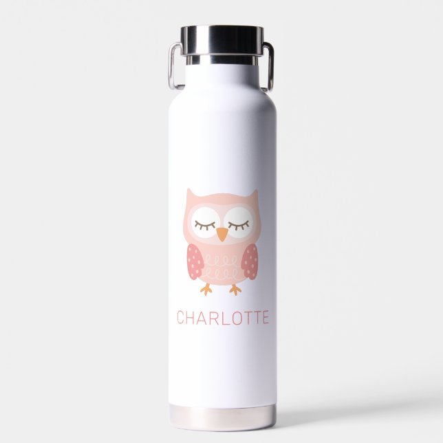 Pink Owl, cute whimsical customised girls Water Bottle (Front)