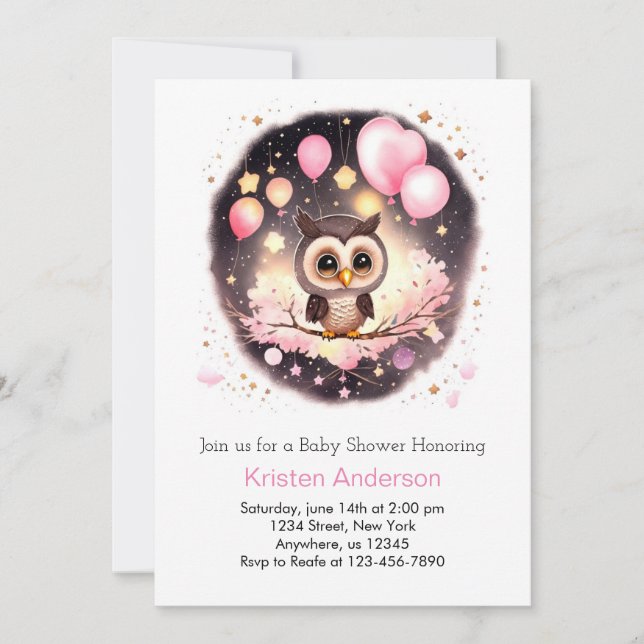 Pink Owl Enchanted Wildflower Girl Baby Shower Invitation (Front)