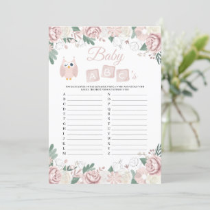 Pink Owl Floral Baby Shower Baby ABC's Game Card
