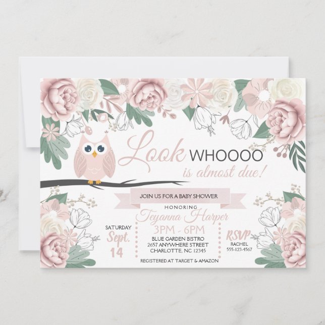 Pink Owl Floral Baby Shower Invitation (Front)