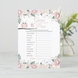 Pink Owl Floral Baby Shower Price Game Card