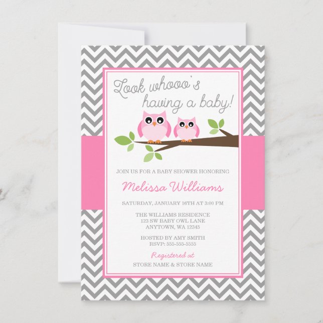 Pink Owl Grey Chevron Girl Baby Shower Invitation (Front)
