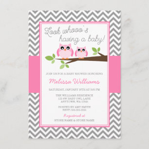 Pink Owl Grey Chevron Girl Baby Shower Invitation