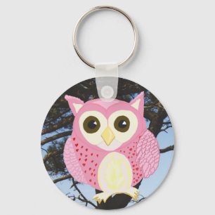 Pink Owl in a Tree Key Ring