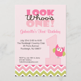 Pink Owl Large Number One 1st Birthday Invitation