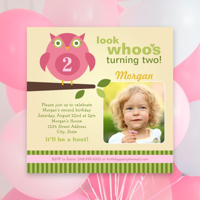 Pink Owl Modern Woodland Birthday Girl Party Invitation (Creator Uploaded)