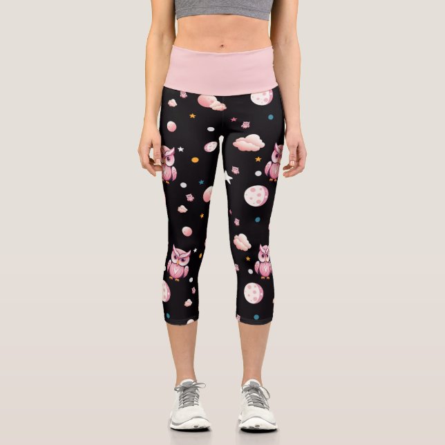 Pink Owl Moonlight Pattern Capri Leggings (Front)