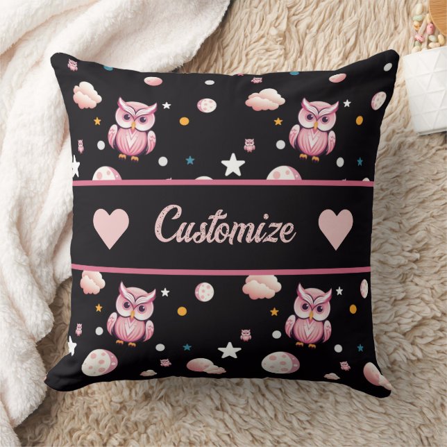 Pink Owl Moonlight Pattern Cushion (Blanket)