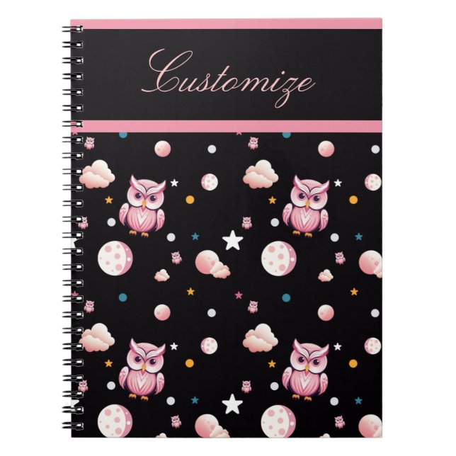 Pink Owl Moonlight Pattern Notebook (Front)