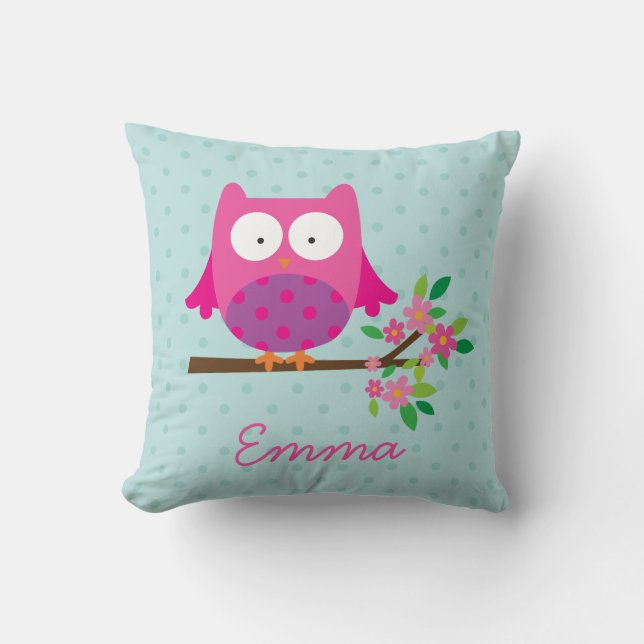 Pink Owl on a Branch Personalised Throw Pillow (Front)