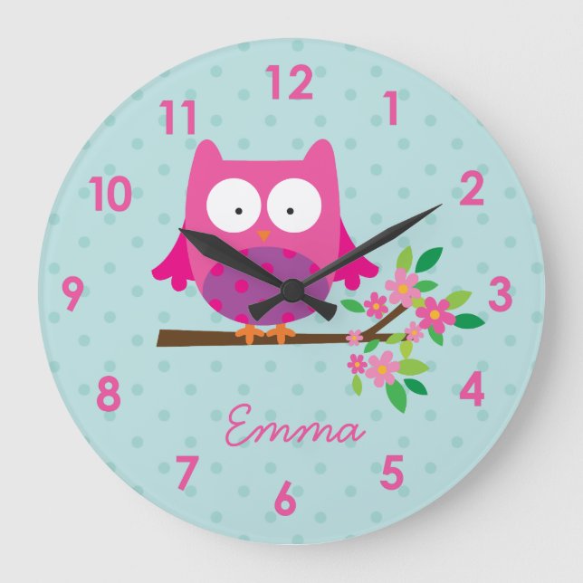 Pink Owl on a Branch personalised Wall Clock (Front)