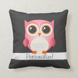 Pink Owl on Dark Grey Pillow, Personalise it! Cushion