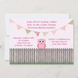 Pink Owl on Fence Baby Shower Invitation