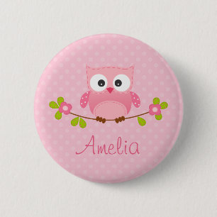 Pink Owl Personalised Button (Cute)