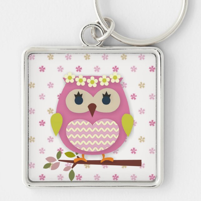 Pink Owl Square Keychain (Front)