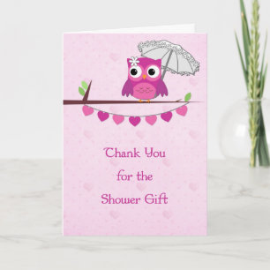Pink Owl, Umbrella, Bridal Shower Thank You