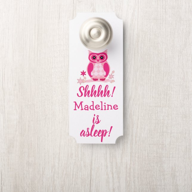 Pink Owl With Baby's Name Shhh! Baby Is Sleeping Door Hanger (On Knob)