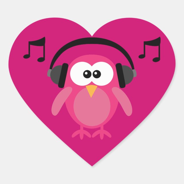 Pink Owl With Headphones & Musical Notes Heart Sticker (Front)