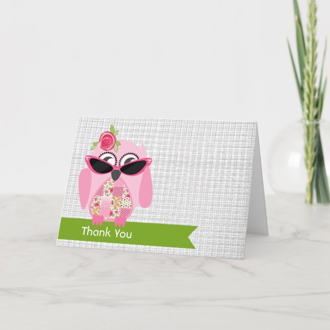 Pink Owl With Sunglasses Thank You Card (Front)