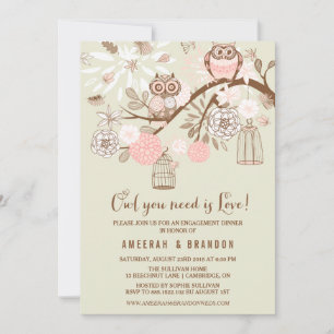 Pink Owls & Birdcages Engagement Party Invitation