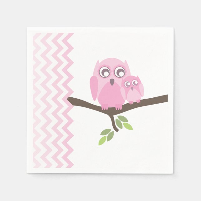 Pink Owls + Chevron Girl Baby Shower Napkins (Front)