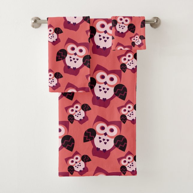Pink owls cute pattern bath towel set (Insitu)