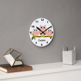Pink Owls Design Personalised Round Clock
