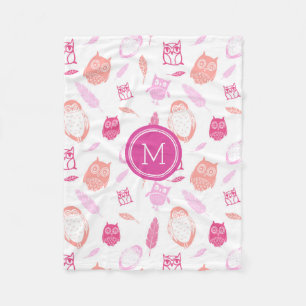 Pink Owls Feathers Pattern Monogram Blanket