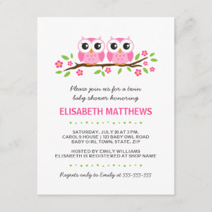 Pink owls on floral branch twin girls baby shower invitation