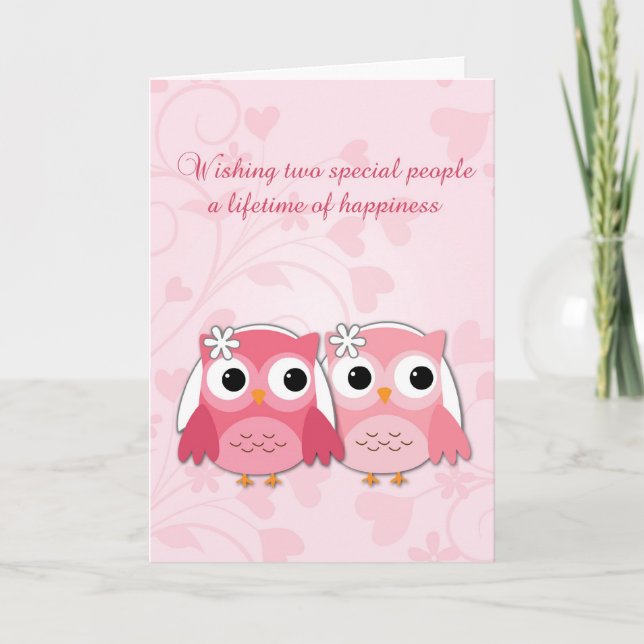 Pink Owls, Swirls and Hearts, Lesbian Wedding Card (Front)