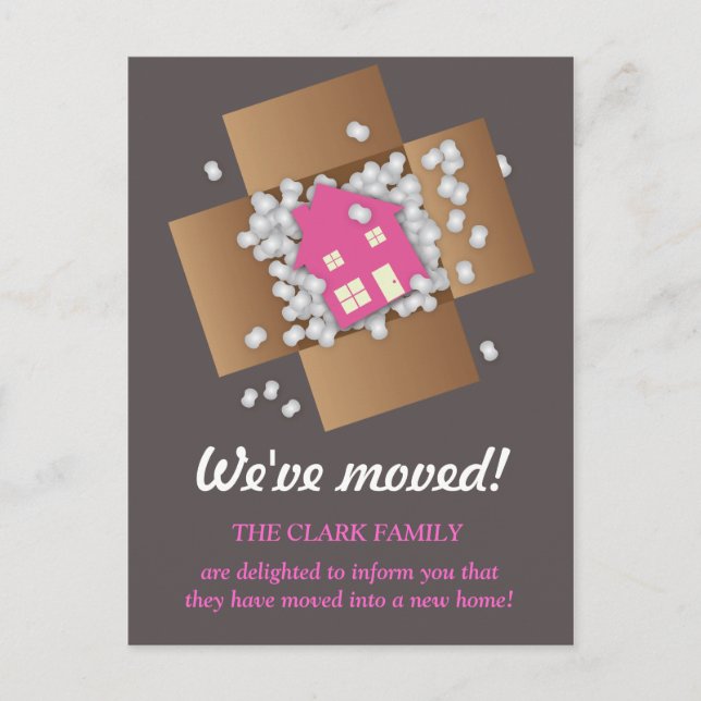 Pink Packing Popcorn Moving Announcement Postcard (Front)