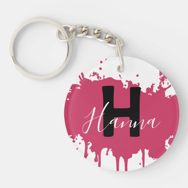 Pink Paint Splash Monogram Acrylic Bag Charm Key Ring (Front)