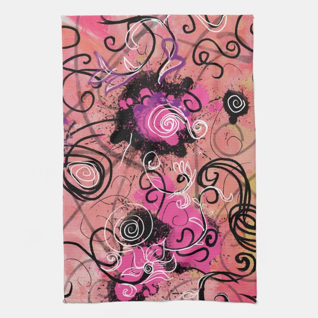 Pink Paint Splatter Abstract Modern Floral Tea Towel (Vertical)