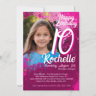 Pink Paint Splatter Photo 10th Birthday Invite