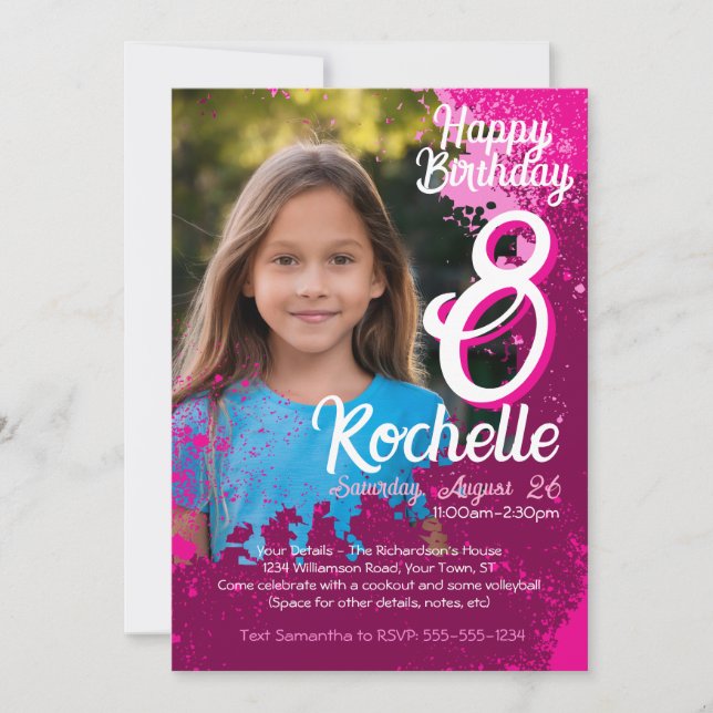 Pink Paint Splatter Photo 8th Birthday Invite (Front)