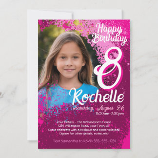 Pink Paint Splatter Photo 8th Birthday Invite